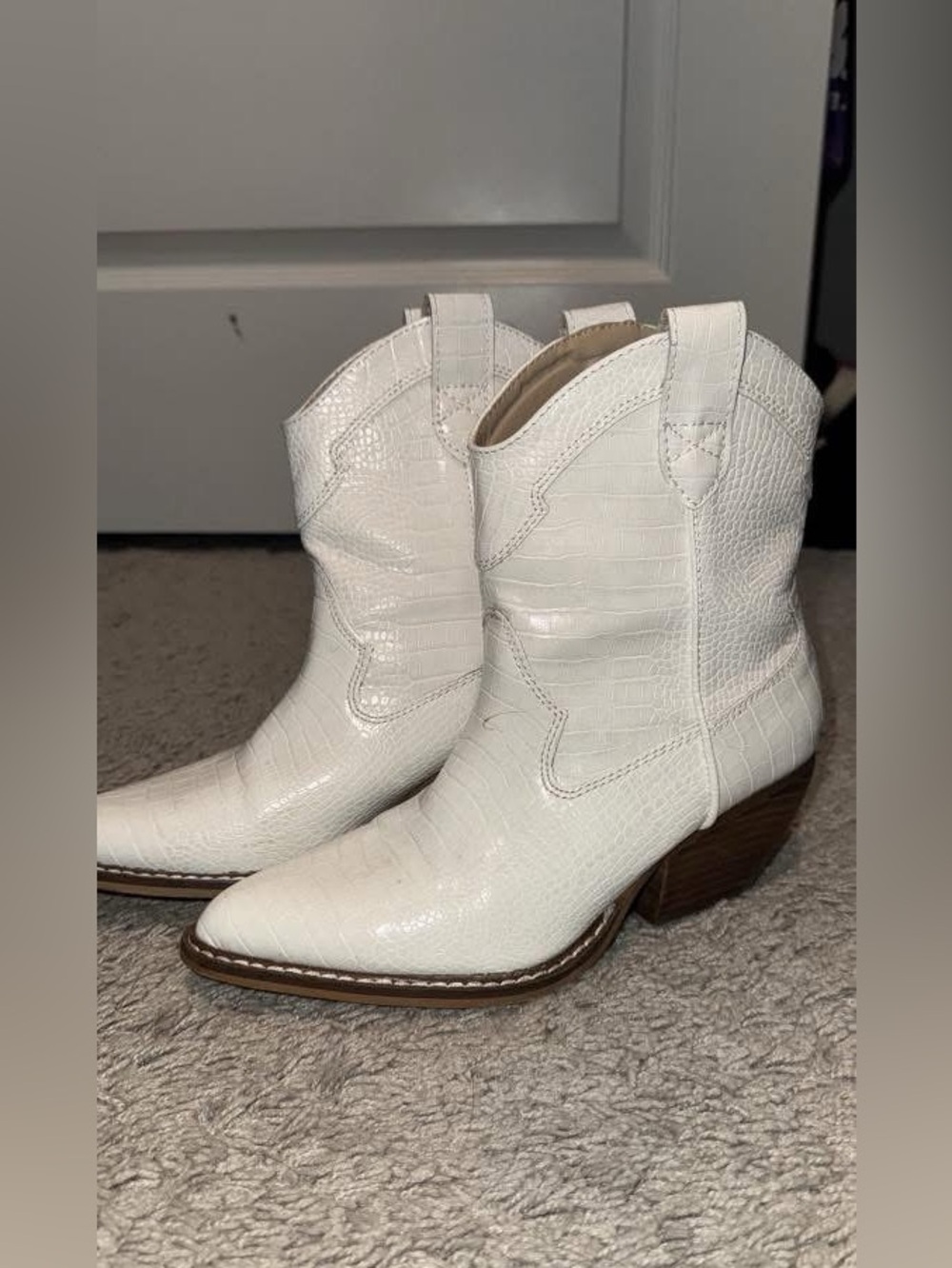 12th Tribe White Croc-Embossed Western Ankle Booties